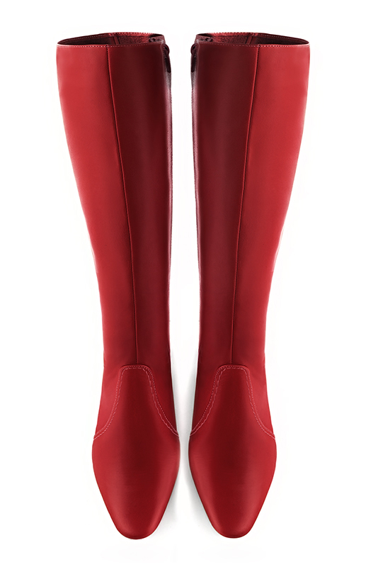 Scarlet red women's feminine knee-high boots. Round toe. Low block heels. Made to measure. Top view - Florence KOOIJMAN